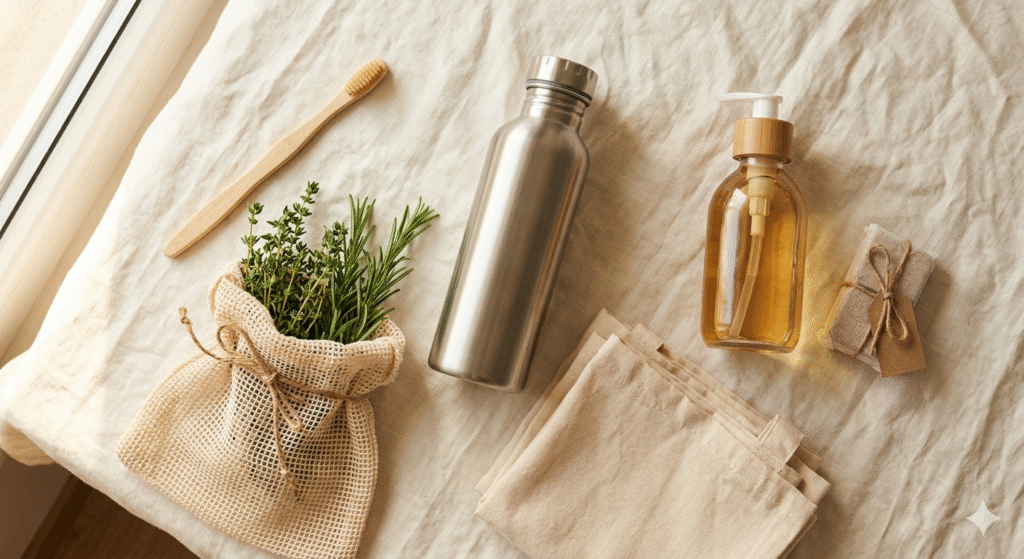 A collection of eco-friendly product essentials including a bamboo toothbrush, glass soap dispenser, reusable bags, and stainless steel water bottle arranged on a linen surface.