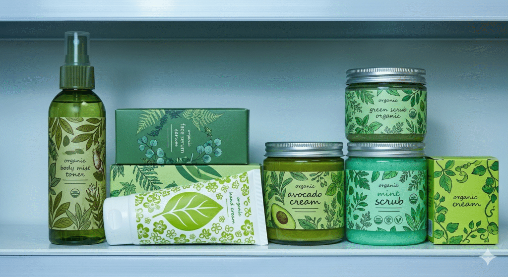 Supermarket shelf lined with green-packaged products using leaf imagery and vague eco claims, illustrating common greenwashing tactics consumers should watch for.
