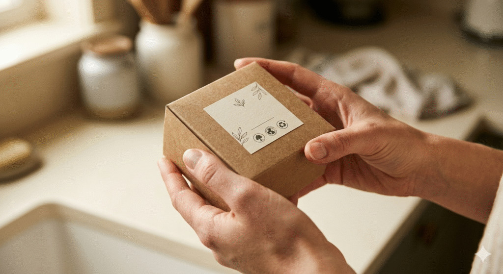 Person reading eco-friendly product packaging label in a store, checking for third-party certification such as B Corp or GOTS.