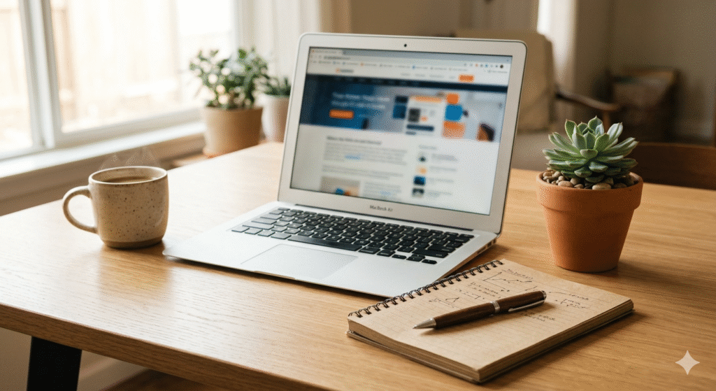 Person using a laptop to research eco-friendly brand certifications, checking B Corp directory and CDP scores before making a sustainable purchasing decision.