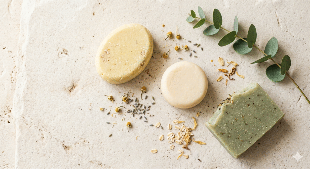 Solid shampoo bars and conditioner bars on a wooden bathroom shelf as a plastic-free alternative to conventional bottled personal care products.