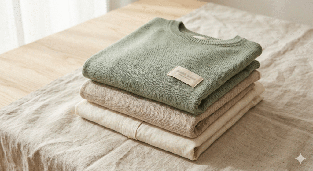 Folded organic cotton clothing with a GOTS certification label, representing sustainable and ethically made apparel from eco-friendly clothing brands.