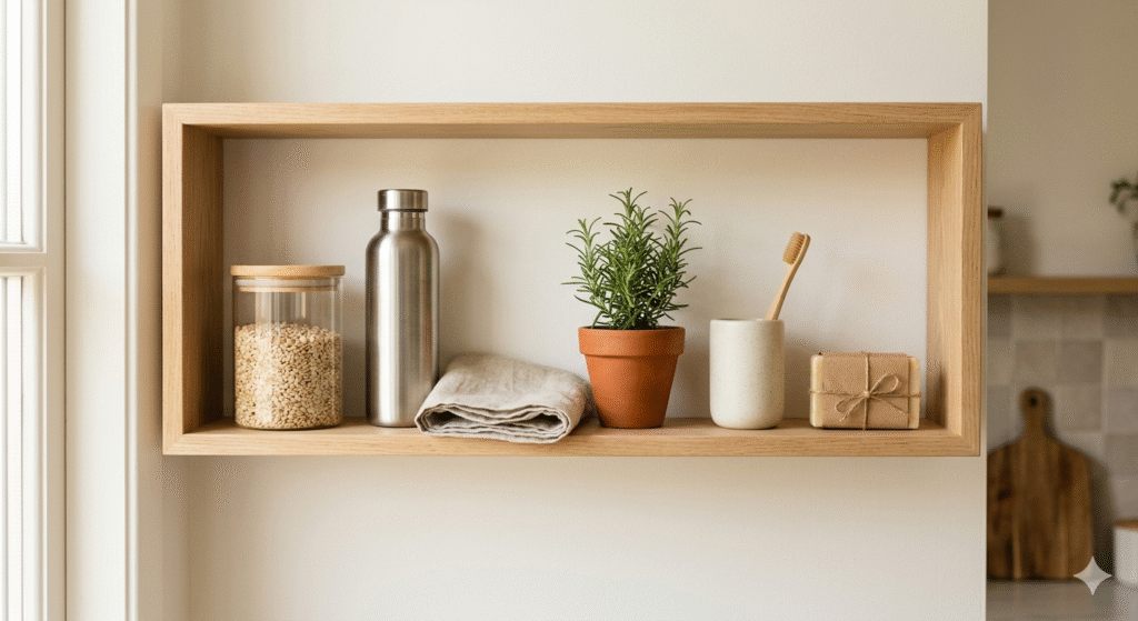 Sustainable home shelf with zero waste everyday products including reusable bottles, glass containers, and natural fiber items, representing eco-friendly living in 2026.