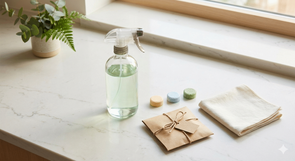 Reusable glass spray bottle and concentrated cleaning tablets on a kitchen counter, a zero waste alternative to single-useplastic cleaning bottles.
